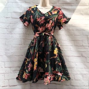 NEW Black Floral Ruffled Flared Mini Dress M